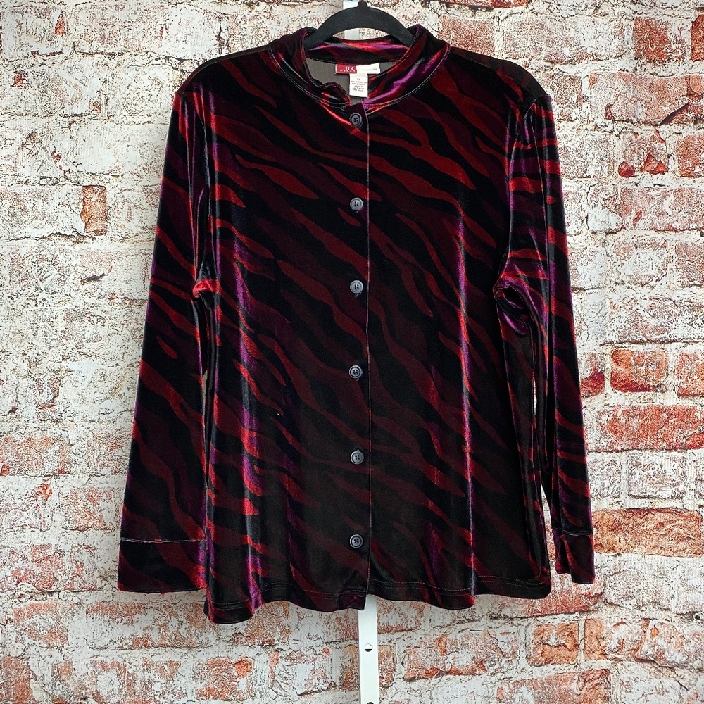 JM Woman Collection Plus Size Tri-Color Long Sleeve Velour Blouse 1X